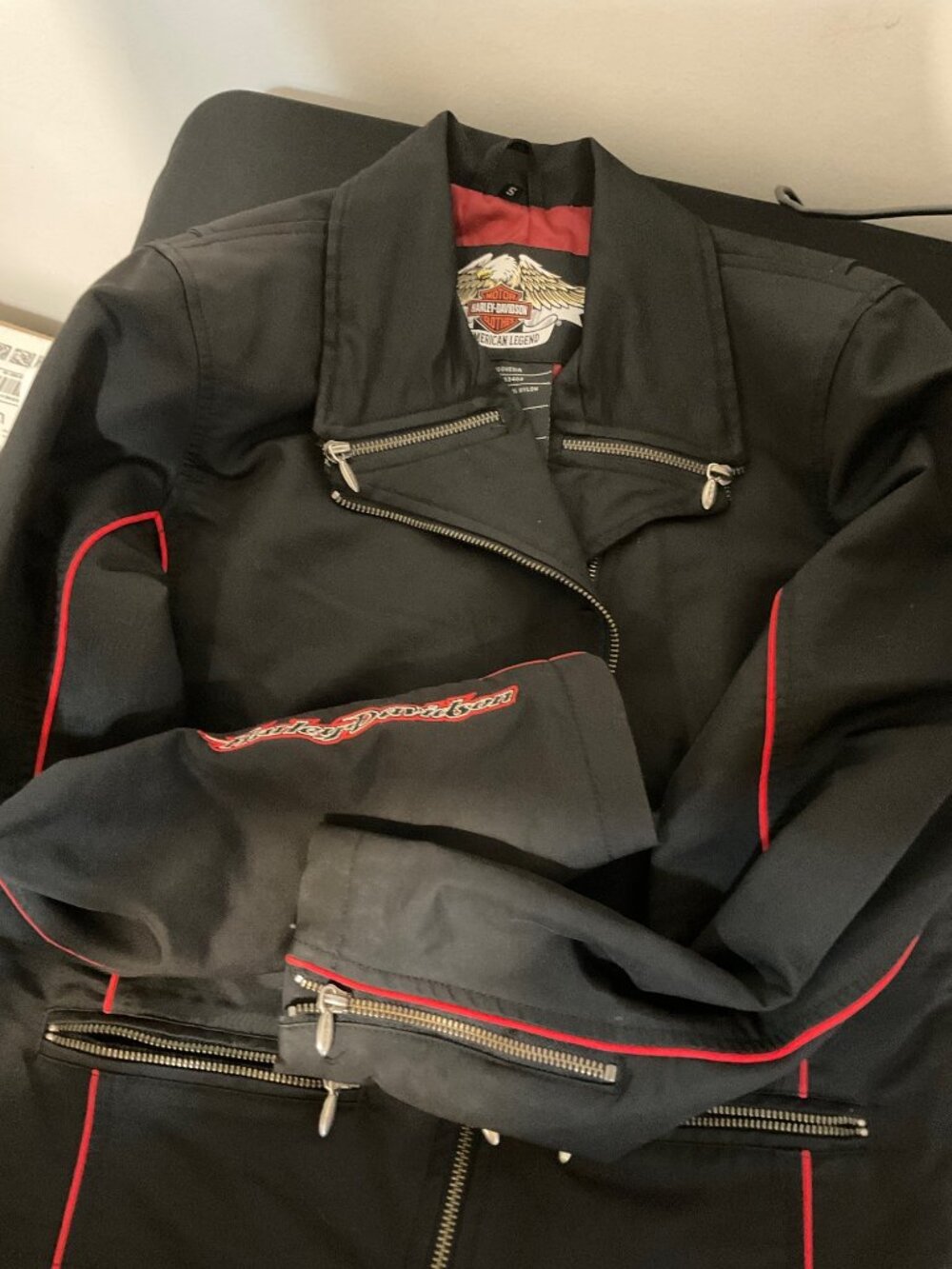 Harley Davidson Vintage 2005 Cotton Motorcycle Jacket Black Red Size S - Picture 6 of 8